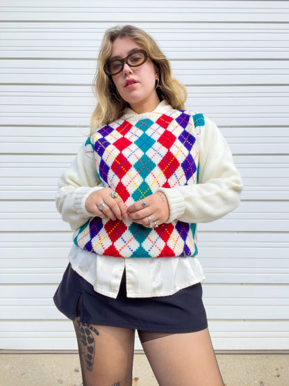 80s Rainbow & Cream Argyle Sweater (L)