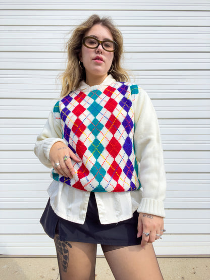 80s Rainbow & Cream Argyle Sweater (L)