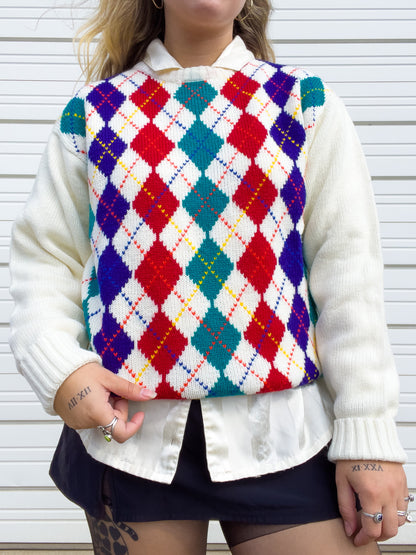 80s Rainbow & Cream Argyle Sweater (L)