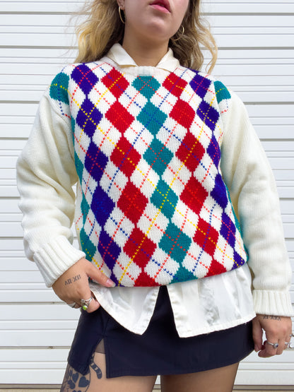 80s Rainbow & Cream Argyle Sweater (L)