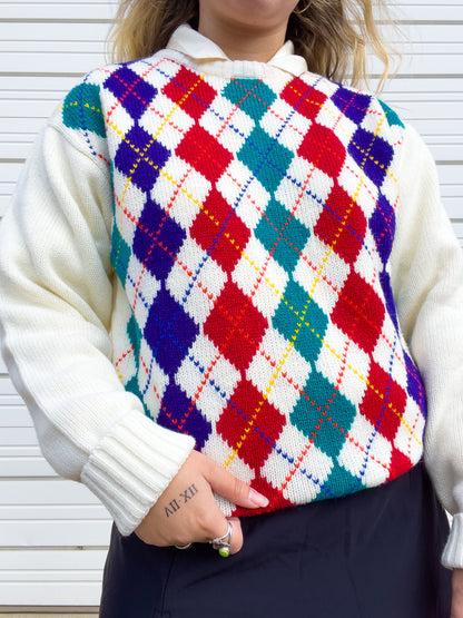 80s Rainbow & Cream Argyle Sweater (L)