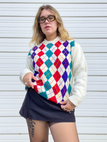 80s Rainbow & Cream Argyle Sweater (L)