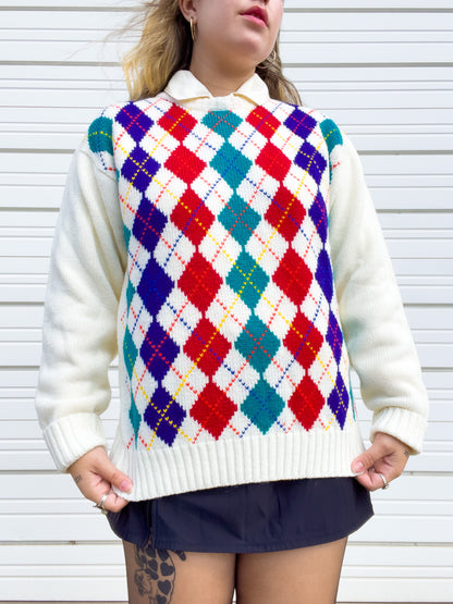 80s Rainbow & Cream Argyle Sweater (L)