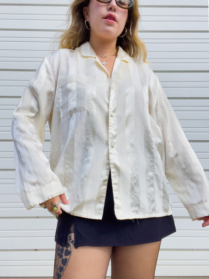 90s Cream Striped Silky Button Up (L)