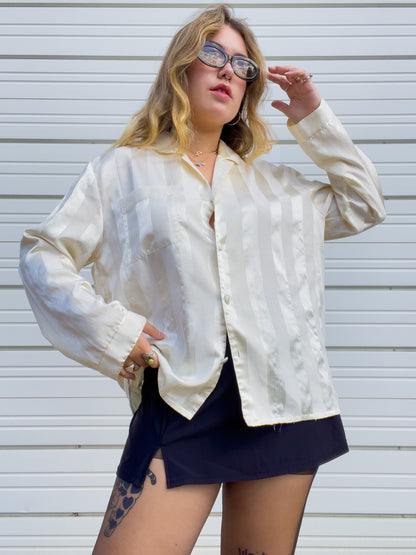90s Cream Striped Silky Button Up (L)