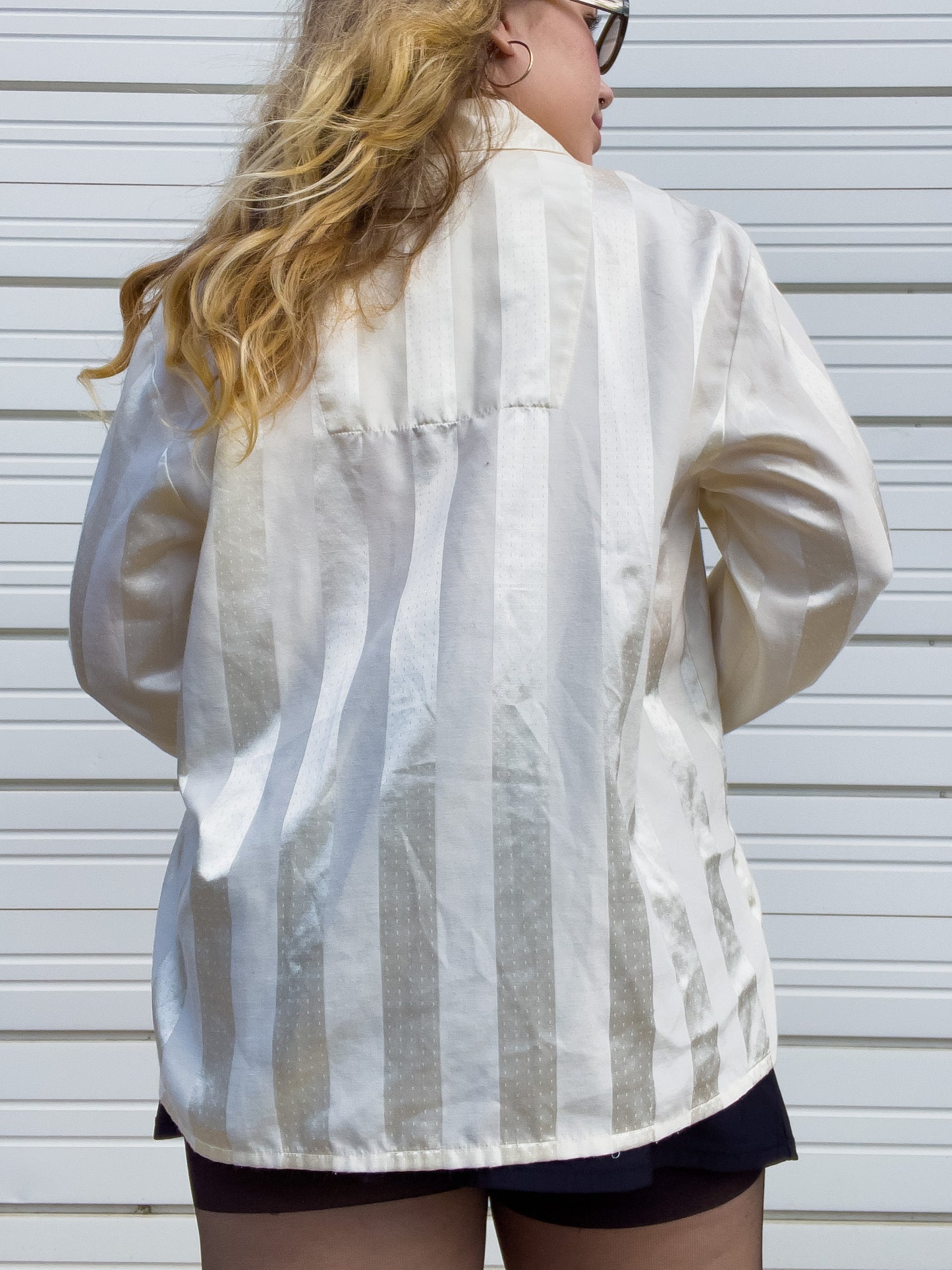 90s Cream Striped Silky Button Up (L)