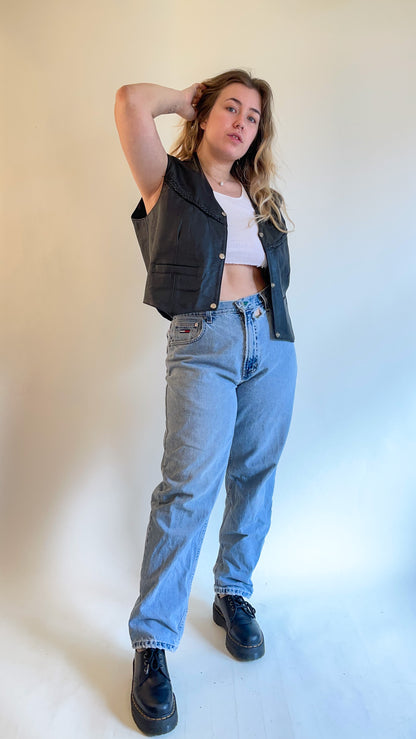 80s Black Leather Vest w/ Braided Detail (XL)