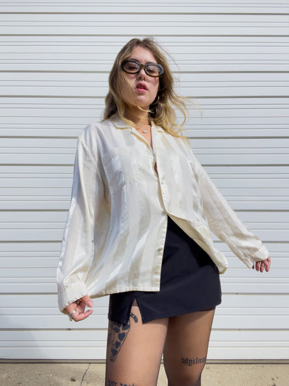 90s Cream Striped Silky Button Up (L)