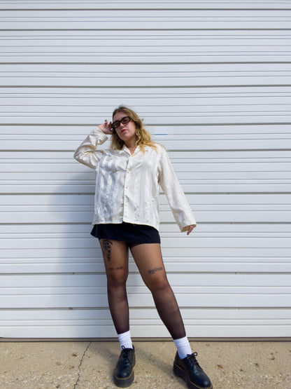 90s Cream Striped Silky Button Up (L)