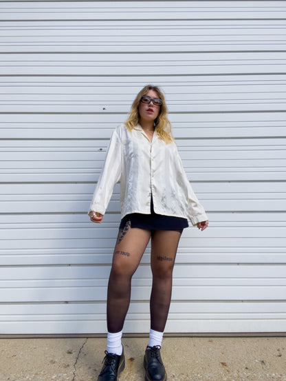 90s Cream Striped Silky Button Up (L)