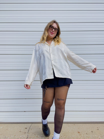 90s Cream Striped Silky Button Up (L)