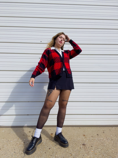 90s Red & Black Houndstooth Knit Cardigan (L)