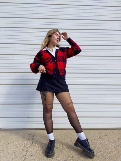 90s Red & Black Houndstooth Knit Cardigan (L)