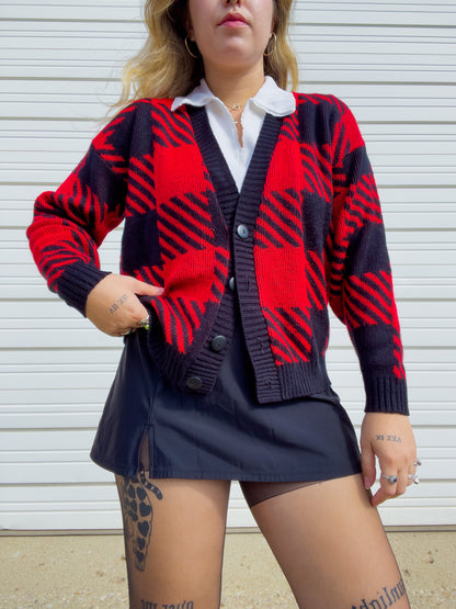 90s Red & Black Houndstooth Knit Cardigan (L)