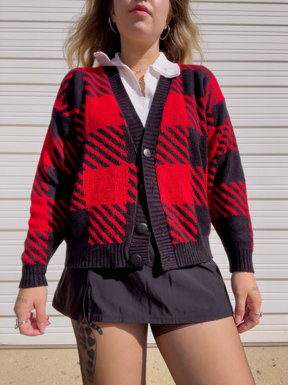 90s Red & Black Houndstooth Knit Cardigan (L)