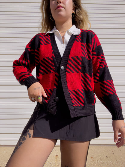 90s Red & Black Houndstooth Knit Cardigan (L)