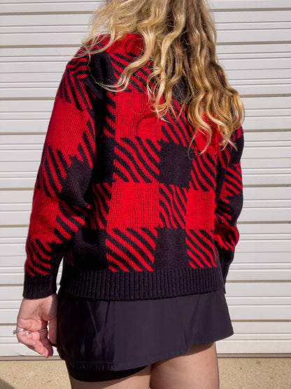 90s Red & Black Houndstooth Knit Cardigan (L)