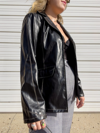 90s Faux Leather Blazer w/ Contrast Stitching (M)