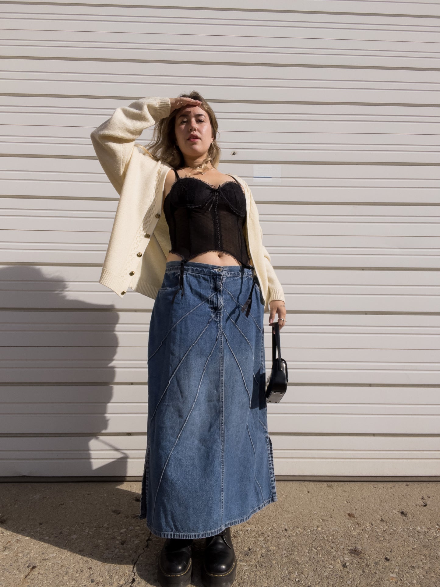 90s Denim Maxi Skirt w/ Pin-Tuck Detailing (W38")