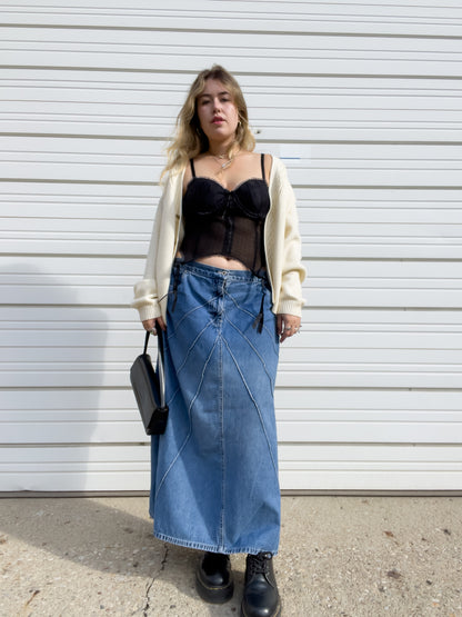 90s Denim Maxi Skirt w/ Pin-Tuck Detailing (W38")