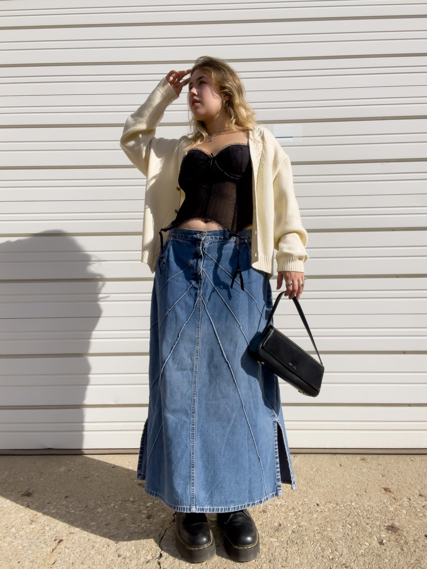 90s Denim Maxi Skirt w/ Pin-Tuck Detailing (W38")