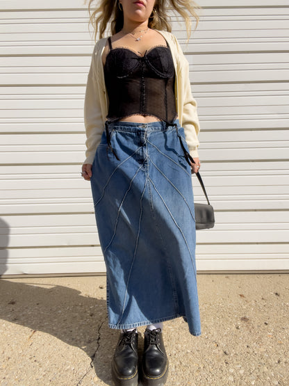 90s Denim Maxi Skirt w/ Pin-Tuck Detailing (W38")