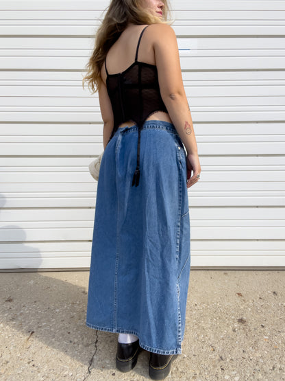 90s Denim Maxi Skirt w/ Pin-Tuck Detailing (W38")