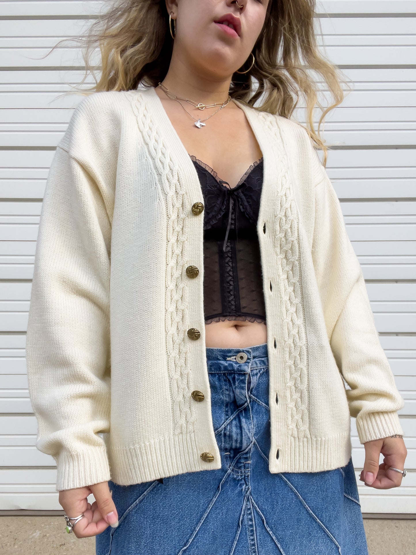 90s Cream Knit Cardigan (L/XL)