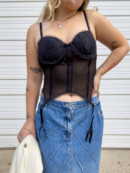 00s Black Bustier Corset Top w/ Garter Straps (M)