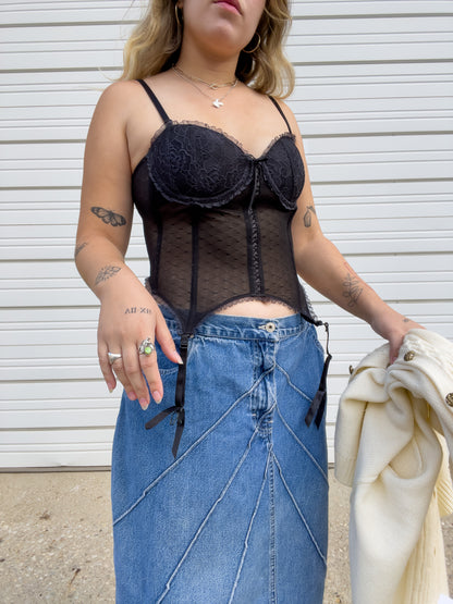 00s Black Bustier Corset Top w/ Garter Straps (M)