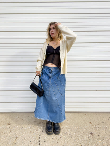 90s Denim Maxi Skirt w/ Pin-Tuck Detailing (W38")