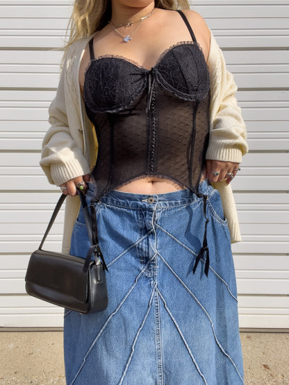 00s Black Bustier Corset Top w/ Garter Straps (M)