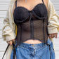 00s Black Bustier Corset Top w/ Garter Straps (M)