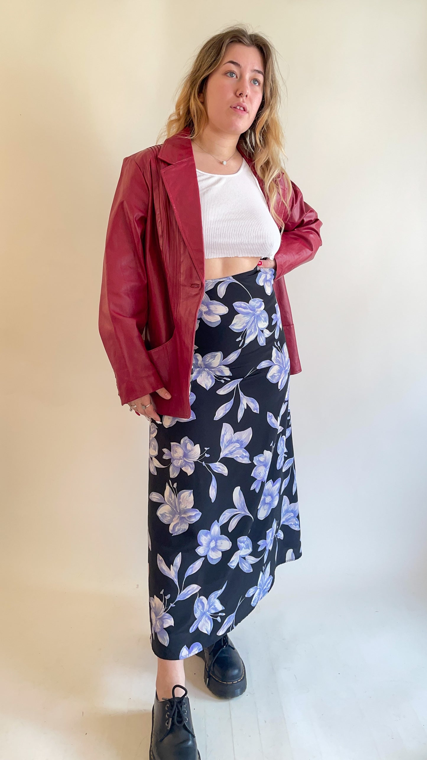 90s Black & Blue Floral Maxi Skirt (W26")