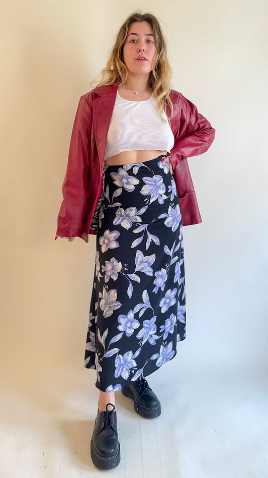 90s Black & Blue Floral Maxi Skirt (W26")