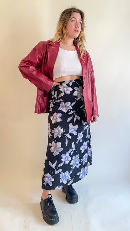 90s Black & Blue Floral Maxi Skirt (W26")
