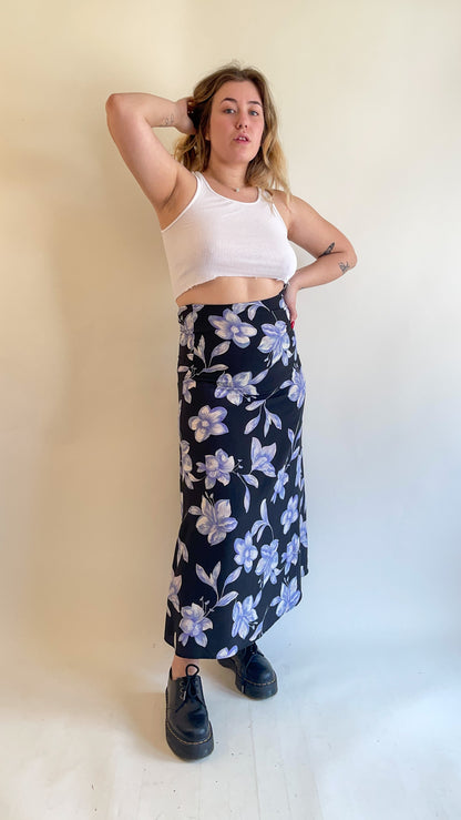 90s Black & Blue Floral Maxi Skirt (W26")