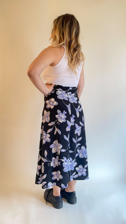90s Black & Blue Floral Maxi Skirt (W26")