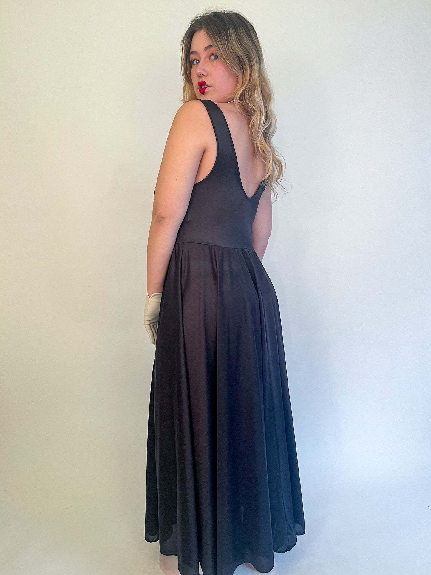 XL 70s Black Lace Slip Dress