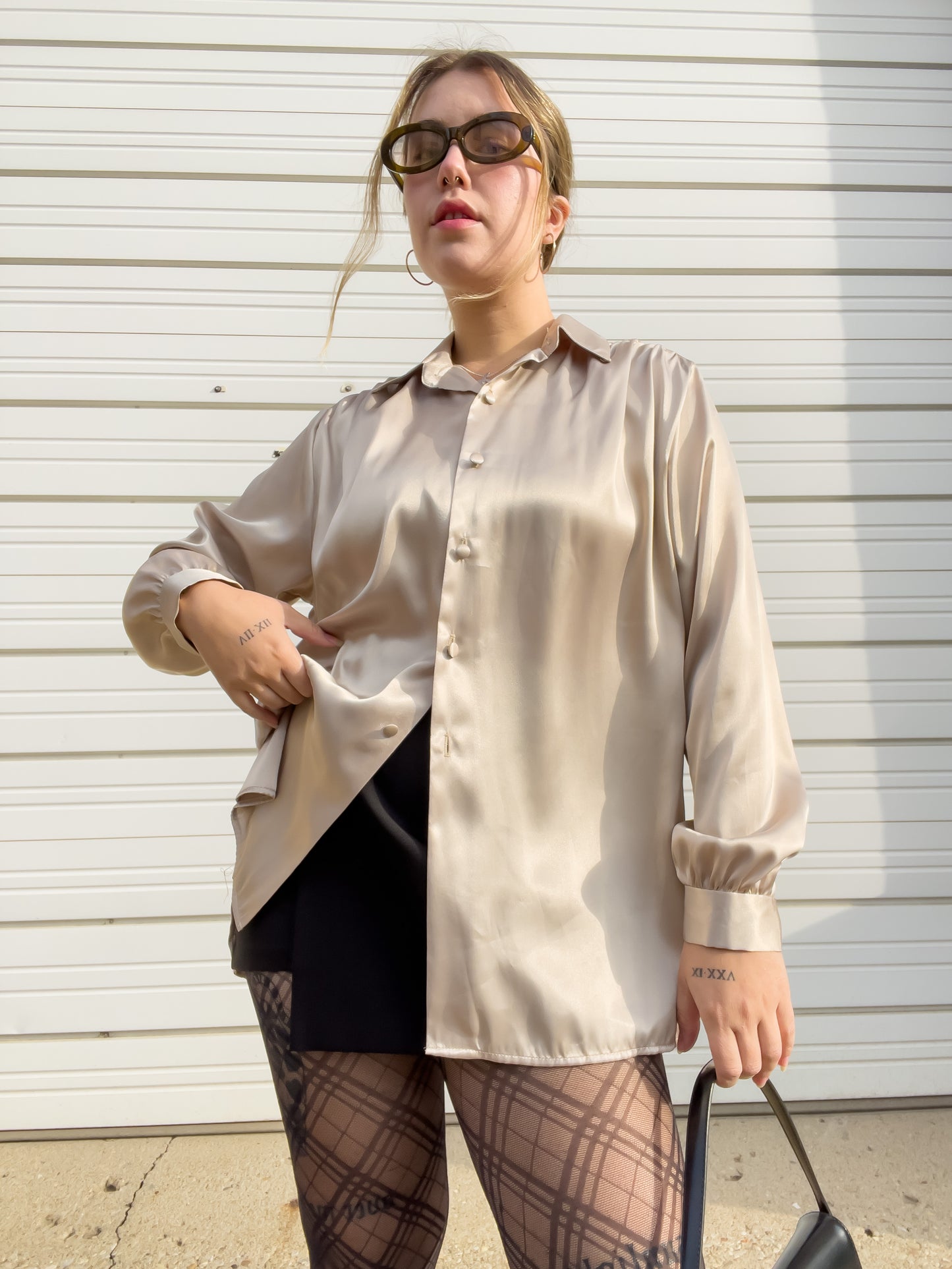 90s Champagne Silky Button Up (L/XL)