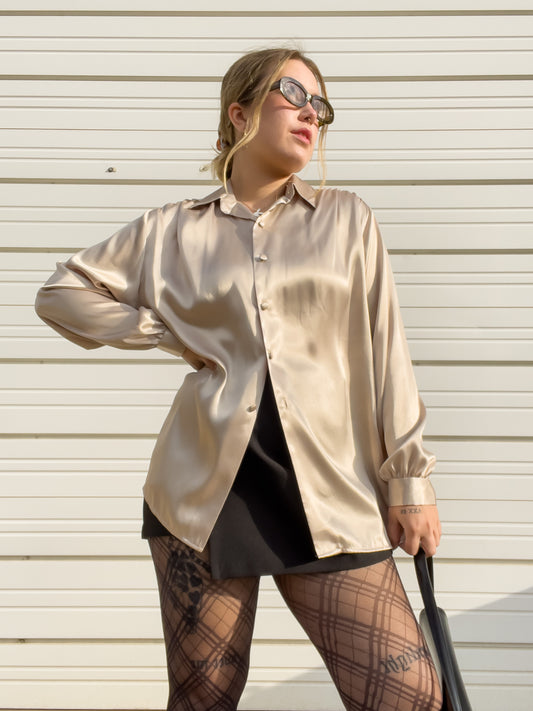 90s Champagne Silky Button Up (L/XL)