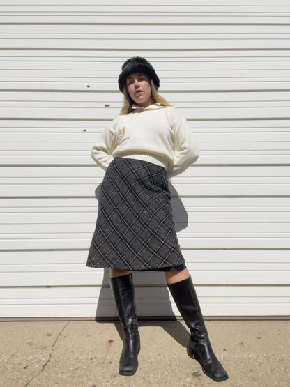 90s Black & White Plaid Midi Skirt (M/L)