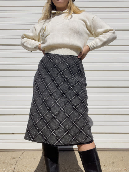 90s Black & White Plaid Midi Skirt (M/L)