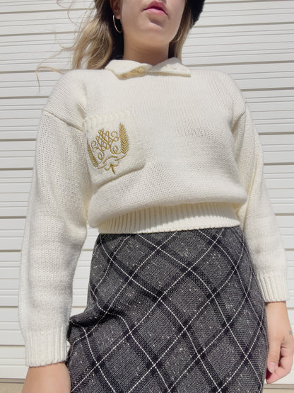 90s Cream Cropped Sweater w/ Button Up Collar (L)