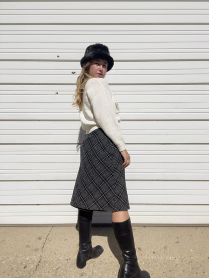 90s Black & White Plaid Midi Skirt (M/L)