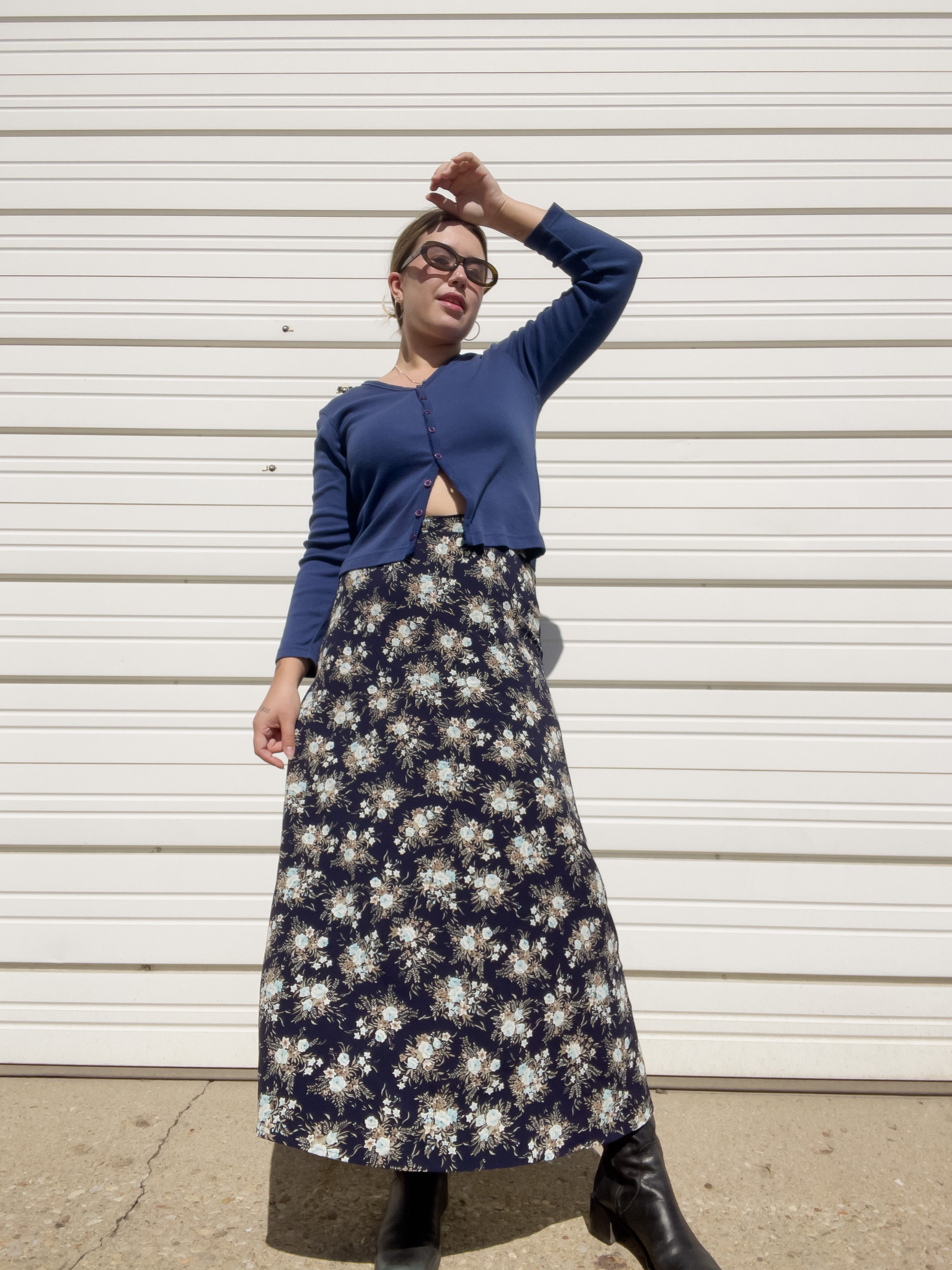 90s Navy Blue Floral Maxi Skirt S M NEVER NEUE