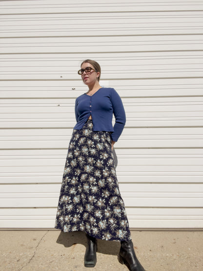 90s Navy Blue Floral Maxi Skirt (S/M)