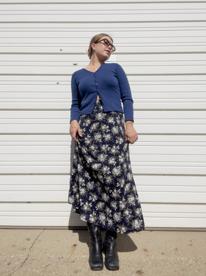 90s Navy Blue Floral Maxi Skirt (S/M)