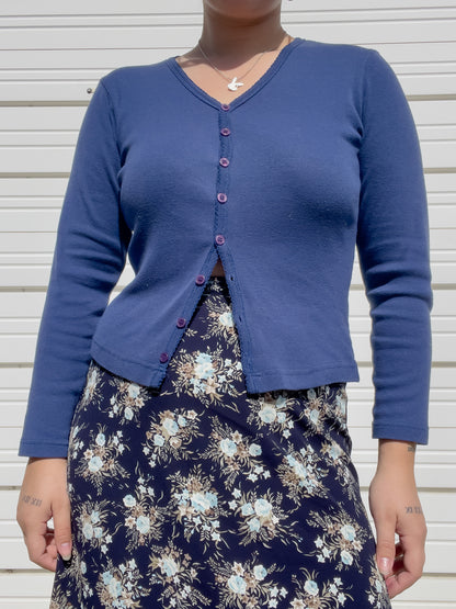 90s Navy Blue Button Up Long Sleeve Tee (M)