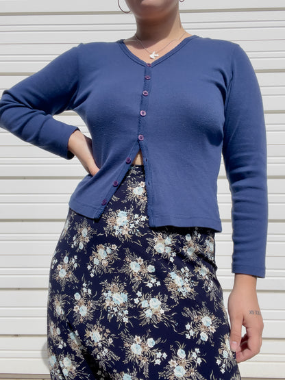 90s Navy Blue Button Up Long Sleeve Tee (M)